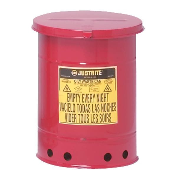 Justrite Oily Waste Can, 6 Gal., Steel, Red - 09110