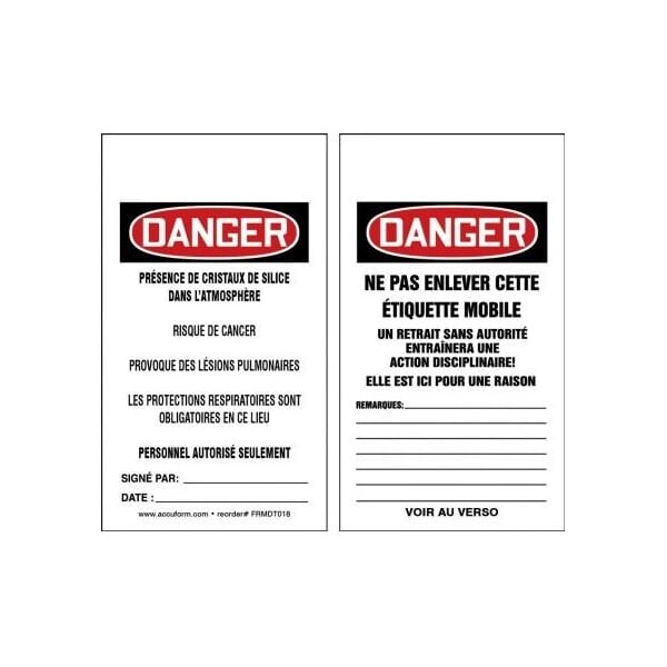 Accuform French Safety Tags, DANGER RESPIRABLE CRYSTALLINE SILICA, 5.75in x 3.25in, RP-Plastic, 25PK - FRMDT018PTP