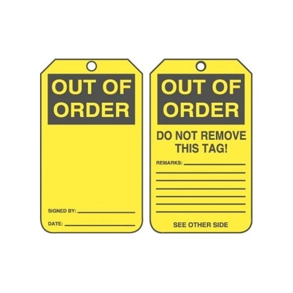Accuform Safety Tags, OUT OF ORDER, 5.75in x 3.25in, RP-Plastic, 25PK - MDT525PTP
