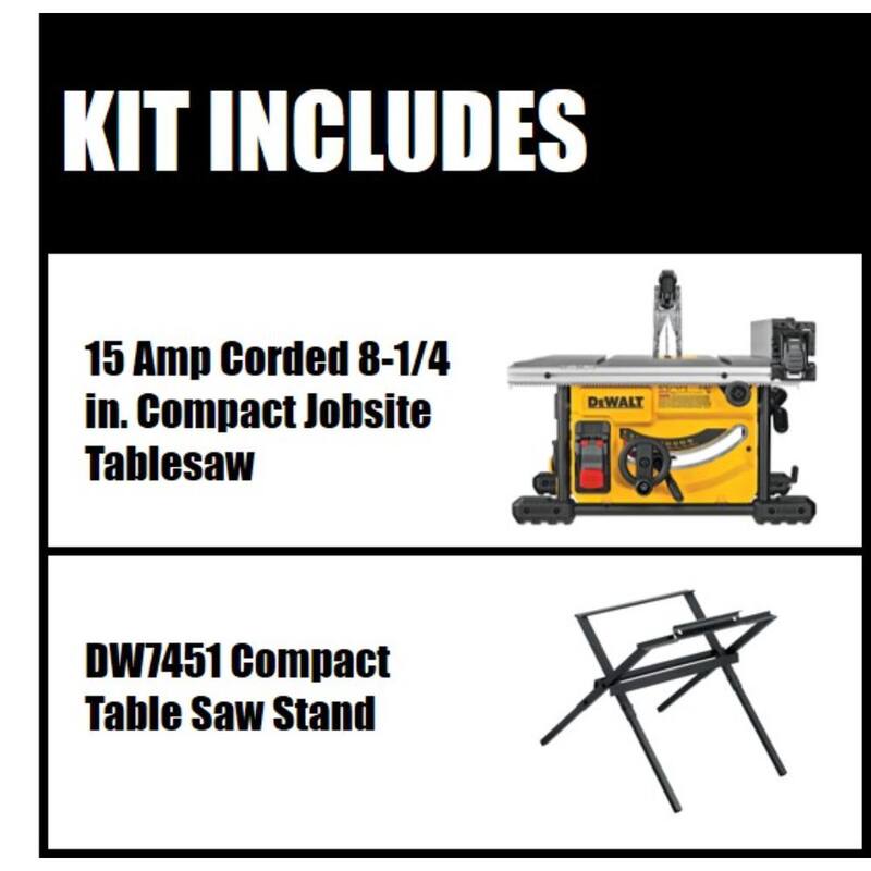 Si la marca del producto es la única parte que no deseas traducir, entonces la traducción del título sería:

DEWALT 15 Amp Corded 8-1/4 in. Compact Jobsite Tablesaw with Compact Table Saw Stand - DWE7485WS

Sería:

Sierra de mesa compacta para sitio de trabajo con cable de 15 amperios y 8-1/4 pulgadas con soporte de sierra de mesa compacto - DWE7485WS