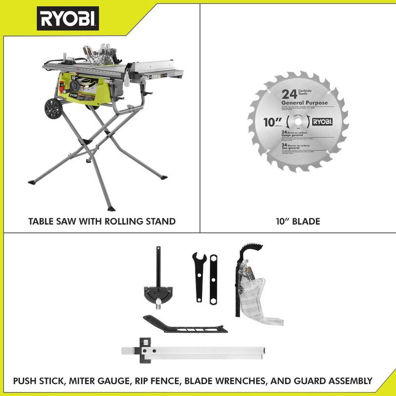 Sierra de mesa con cable portátil RYOBI de 15 amperes y 10 pulgadas de capacidad ampliada con soporte rodante - RTS23