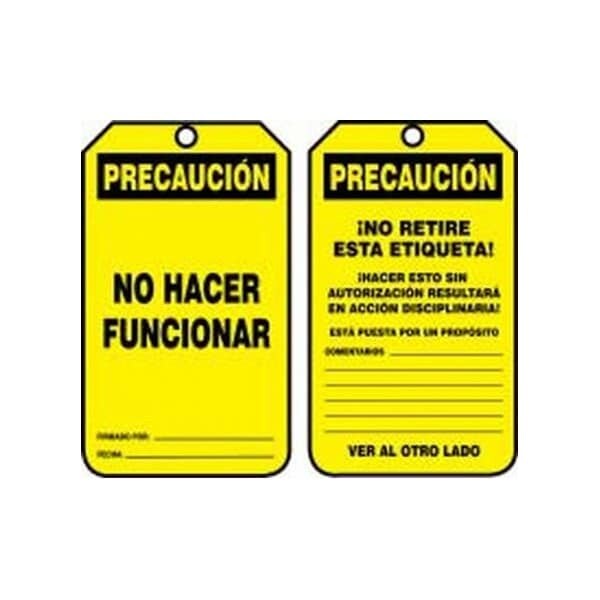 Accuform Spanish Safety Tags, CAUTION DO NOT OPERATE, 5.75in x 3.25in, RP-Plastic, 25PK - SHMDT610PTP