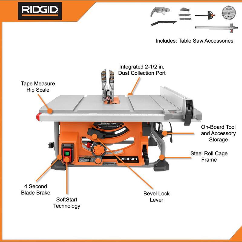 Sierra de mesa portátil RIDGID de 15 amperios y 10 pulgadas para sitio de trabajo (sin soporte) - R4518NS.