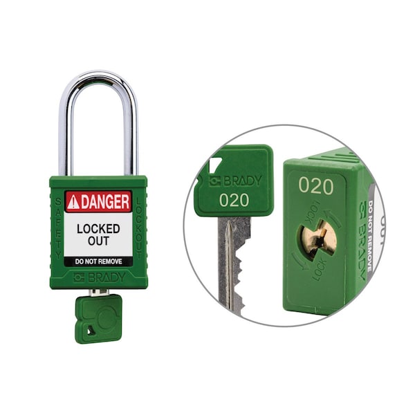 Brady Keyed Alike Padlock Unique Set Nylon Grn 1.5 in Steel Shackle Keycode 20 - SDPL-GRN-38ST-020