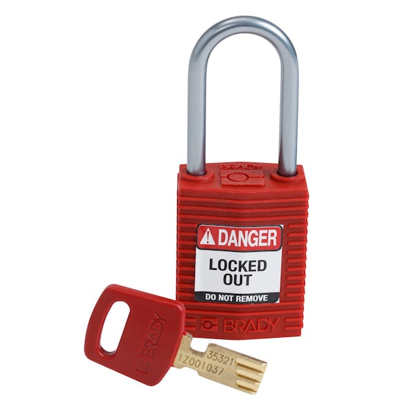 Brady Compact SafeKey Key Retaining Nylon Padlock 1.5 in Aluminum Shackle KD Red 1PK - CPT-RED-38AL-KD