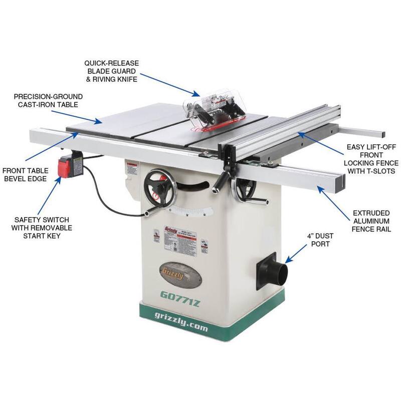 Sierra de mesa híbrida de 10 pulgadas con 2 HP y 120V y cerca en forma de T - G0771Z de Grizzly Industrial.