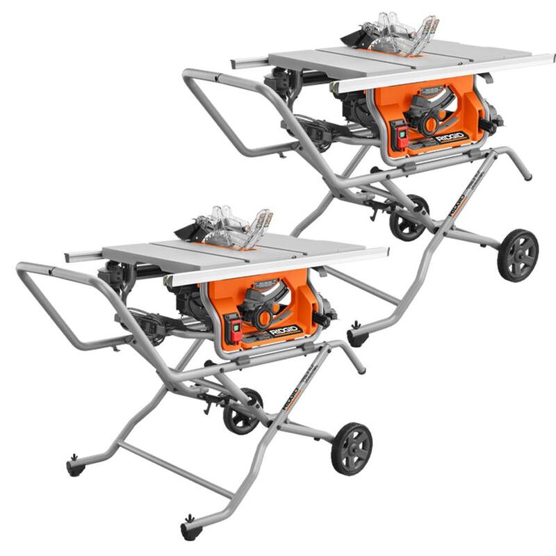 Sierra de mesa portátil para sitio de trabajo profesional RIDGID de 15 amperes y 10 pulgadas (paquete de 2) con soportes rodantes - R4514-2