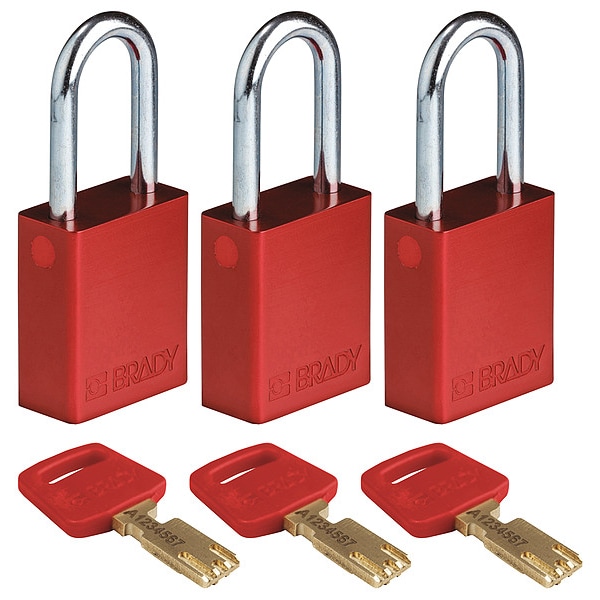 Brady Lockout Padlock, Aluminum, Silver, PK3 - ALU-RED-38ST-KA3PK