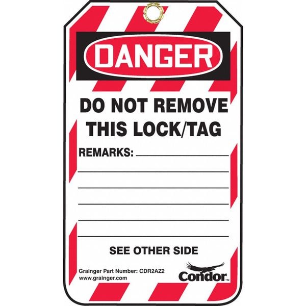 Condor Lockout Tag, Danger, Plastic, 3 1/4 in Width, 5 3/4 in Height, Write On Surface: Yes , 100 PK - 48RU12
