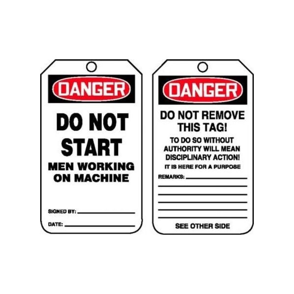 Accuform Safety Tags, DANGER DO NOT START MEN WORKING, 5.75in x 3.25in, Self-Laminating PF-Cardstock, 5PK - MDT115LCM