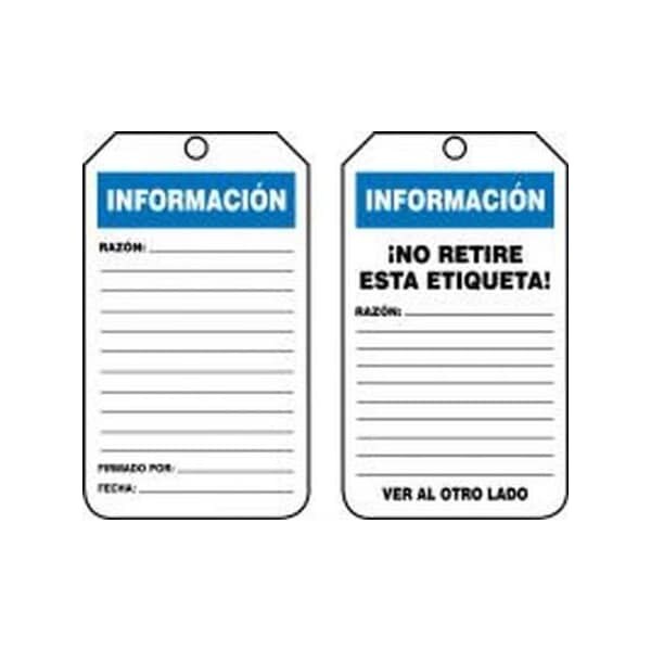 Accuform Spanish Safety Tags, INFORMATION, 5.75in x 3.25in, HS-Laminate, 25PK - SHTRS241LTP