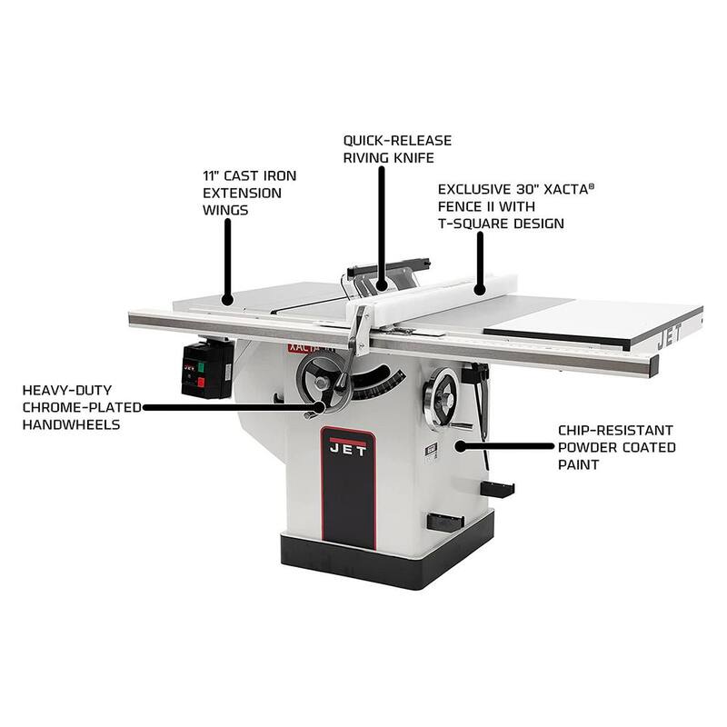 Sierra de mesa Jet 5 HP 10 pulgadas Deluxe XACTA SAW con cerca de 30 pulgadas, alas de hierro fundido y cuchilla de separación, 230 voltios - 708676PK