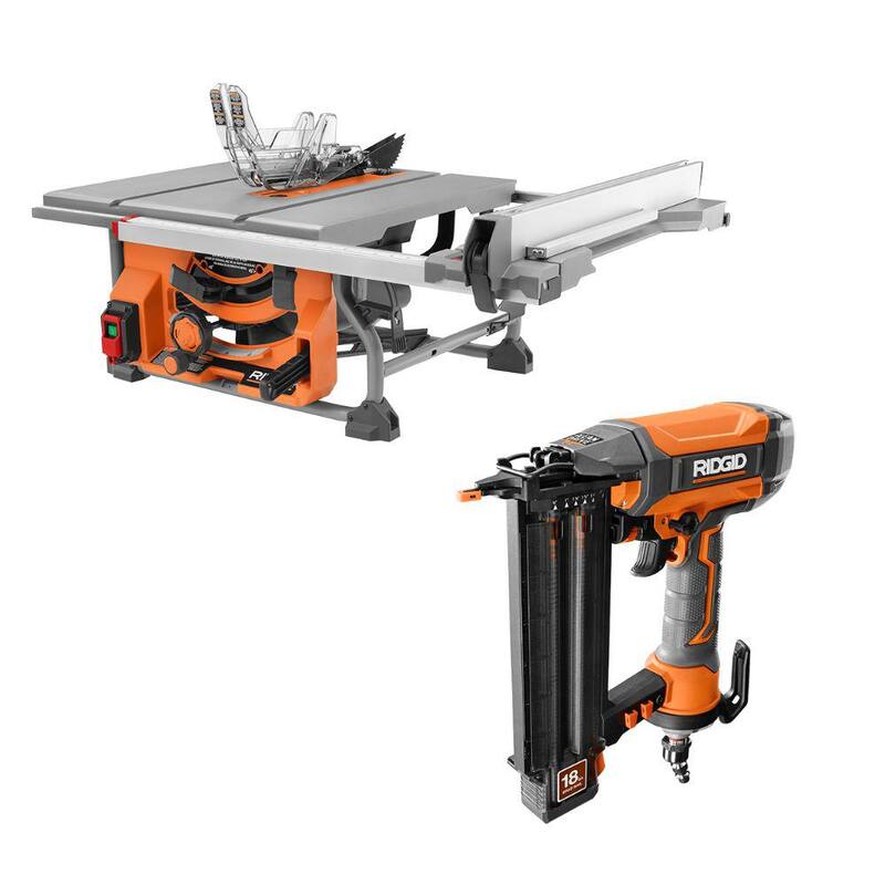 Sierra circular portátil RIDGID de 15 amperes y 10 pulgadas para trabajos profesionales en sitio sin soporte y clavadora neumática de clavos de calibre 18 de 2-1/8 de pulgada - R4518NS-R213BNF
