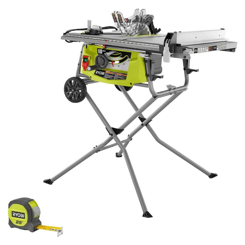 Sierra de mesa portátil con capacidad ampliada de 15 amperes y 10 pulgadas de RYOBI con base rodante y cinta métrica compacta de 25 pies - RTS23-RHTM25