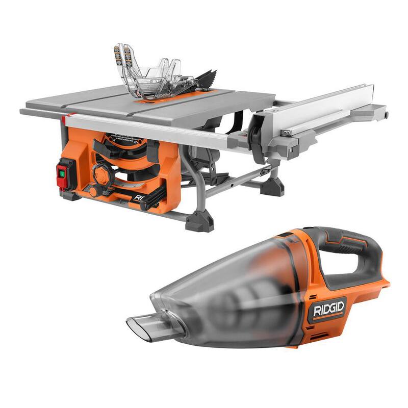 Si tradujéramos solo el producto, el título sería: Aspiradora inalámbrica manual de 18V y sierra de mesa portátil para sitio de trabajo profesional con cable de 10 pulgadas y 15 amperes de RIDGID (sólo herramienta) - R4518NS-R8609021B.