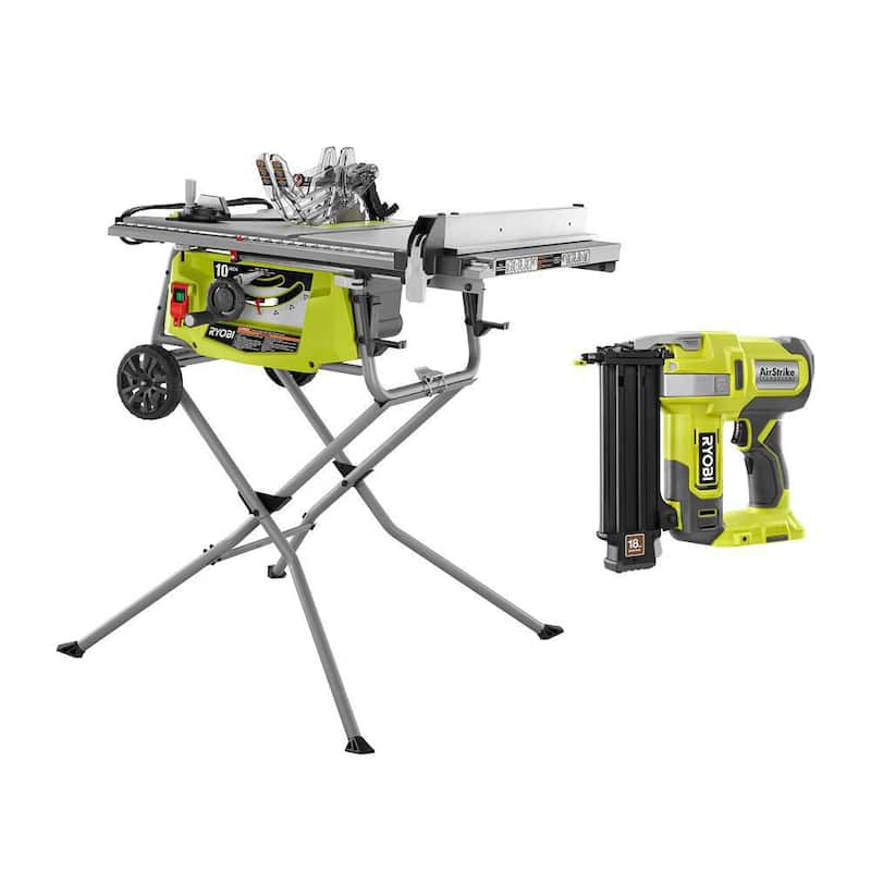 RYOBI 15 Amp 10 in. Sierra de mesa portátil de capacidad expandida con base rodante y clavadora inalámbrica de calibre 18 ONE+ 18V (solo herramienta) - RTS23-P321