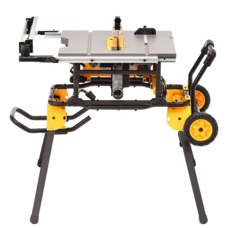 Si traducción de la marca del producto: Sierra de mesa para sitio de trabajo con soporte rodante de 10 pulgadas y cable de 15 amperes DEWALT con taladro/destornillador de 1/2 pulgada de 20V, dos baterías de 1.3Ah y cargador - DWE7491RSW771C2