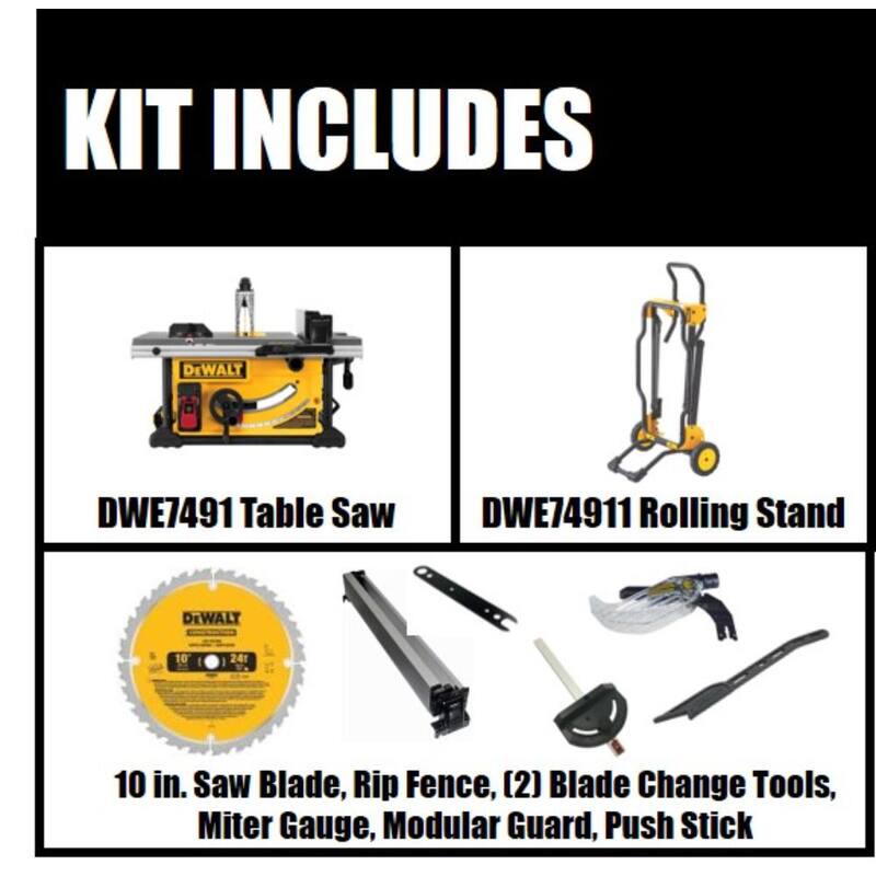 Si traducción de la marca del producto: Sierra de mesa para sitio de trabajo con soporte rodante de 10 pulgadas y cable de 15 amperes DEWALT con taladro/destornillador de 1/2 pulgada de 20V, dos baterías de 1.3Ah y cargador - DWE7491RSW771C2