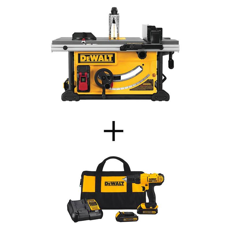 Si traducción de la marca del producto: Sierra de mesa para sitio de trabajo con soporte rodante de 10 pulgadas y cable de 15 amperes DEWALT con taladro/destornillador de 1/2 pulgada de 20V, dos baterías de 1.3Ah y cargador - DWE7491RSW771C2