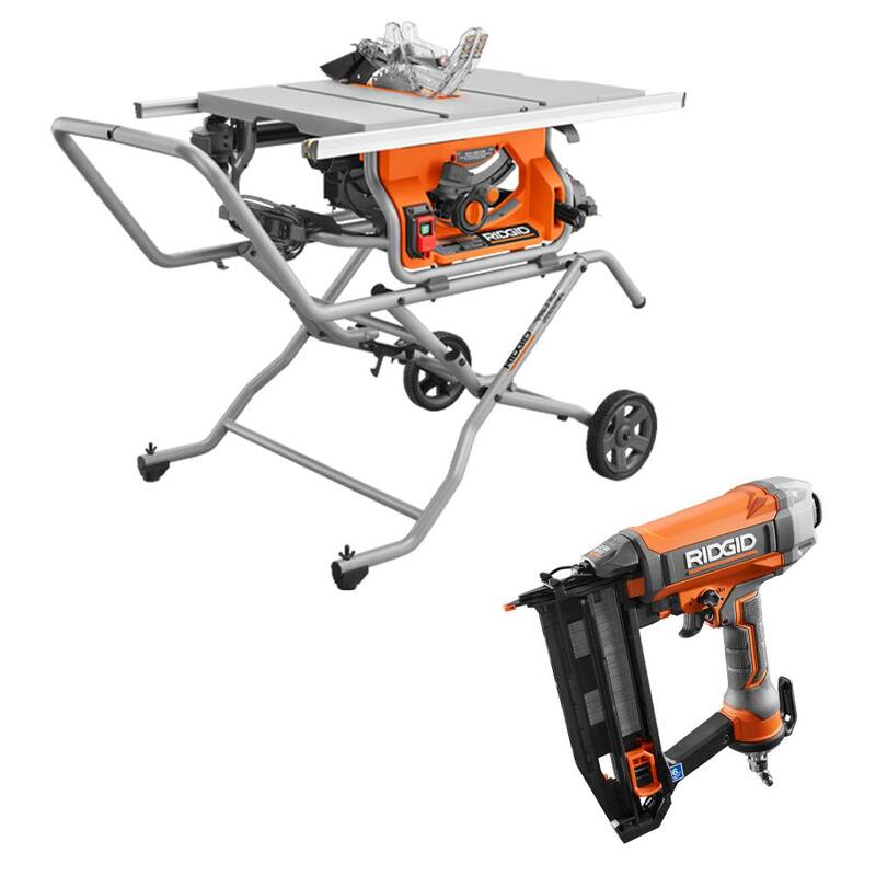 Sierra de mesa portátil RIDGID de 15 amperios y 10 pulgadas para trabajos profesionales en sitio con soporte rodante y clavadora neumática de acabado recto de calibre 16 de 2-1/2 pulgadas - R4514-R250SFF