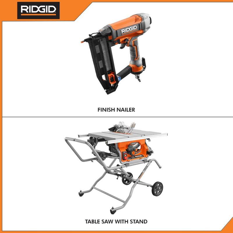 Sierra de mesa portátil RIDGID de 15 amperios y 10 pulgadas para trabajos profesionales en sitio con soporte rodante y clavadora neumática de acabado recto de calibre 16 de 2-1/2 pulgadas - R4514-R250SFF