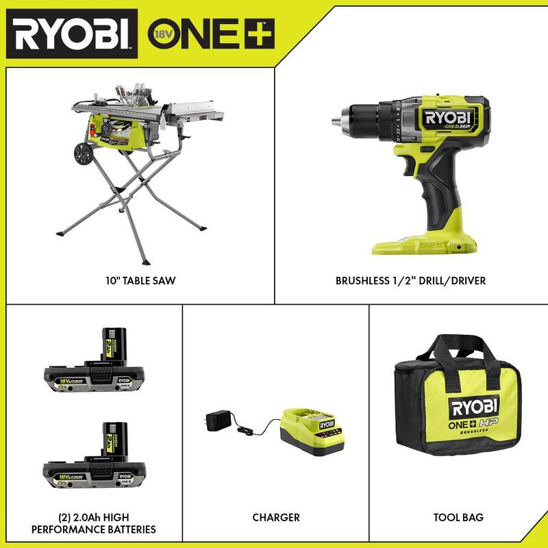 RYOBI Sierra de mesa portátil de capacidad expandida de 15 amperios y 10 pulgadas con base rodante y taladro/destornillador sin escobillas ONE+ de 18V con batería y cargador - RTS23-PBLDD01K