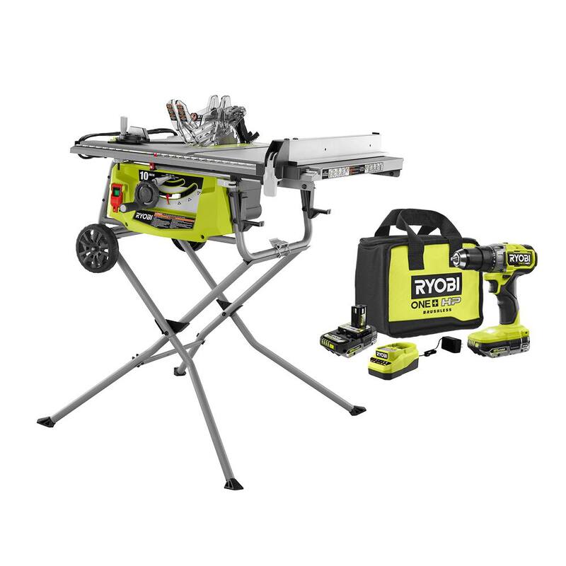 RYOBI Sierra de mesa portátil de capacidad expandida de 15 amperios y 10 pulgadas con base rodante y taladro/destornillador sin escobillas ONE+ de 18V con batería y cargador - RTS23-PBLDD01K