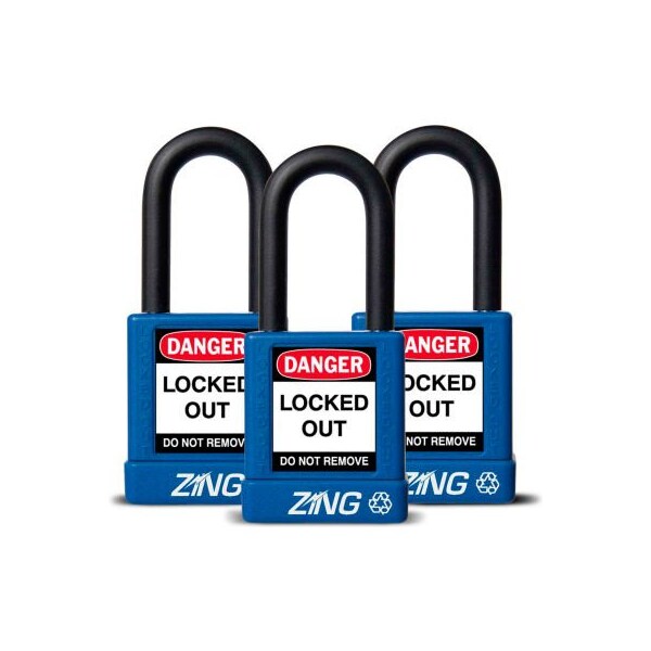 Zing ZING RecycLock Safety Padlock, Keyed Alike, 1-1/2" Shackle, 1-3/4" Body, Blue, 3 Pack, 7064 - 7064