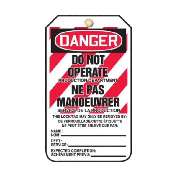 Accuform French Bilingual Safety Tags, DANGER DO NOT OPERATE PRODUCTION DEPARTMENT, 5.75in x 3.25in, 25PK - TCF214CTP