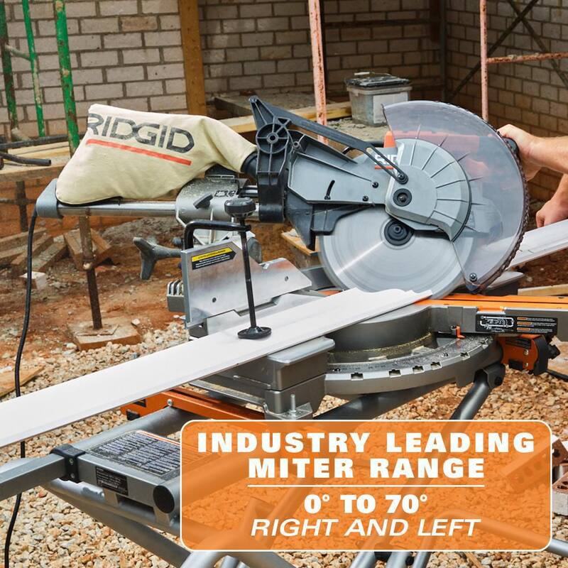 Sierra ingletadora deslizante de doble bisel RIDGID de 15 amperios y 12 pulgadas con capacidad de inglete de 70 grados e indicador de línea de corte LED - R4222