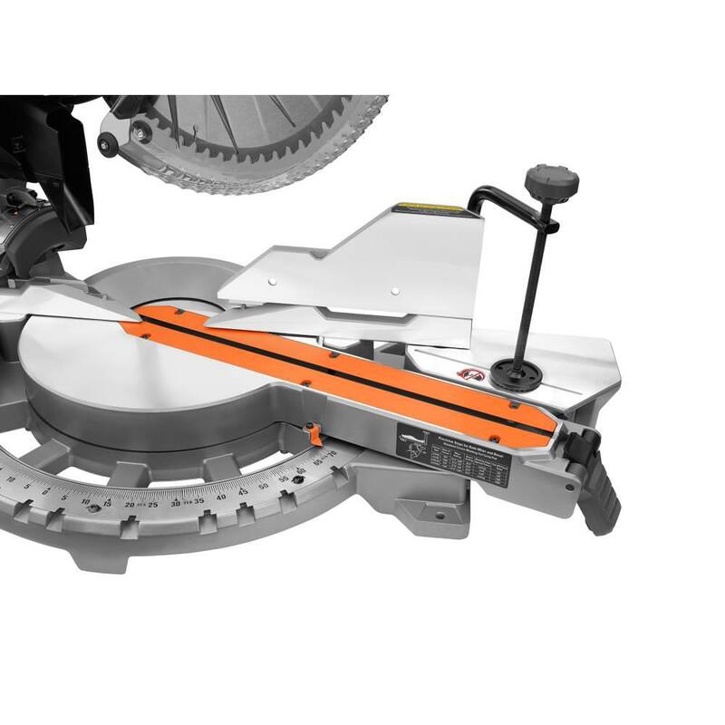 Sierra ingletadora deslizante de doble bisel RIDGID de 15 amperios y 12 pulgadas con capacidad de inglete de 70 grados e indicador de línea de corte LED - R4222