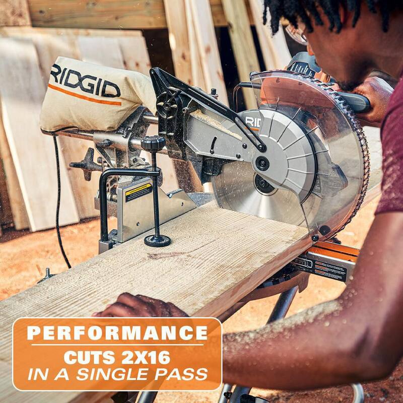 Sierra ingletadora deslizante de doble bisel RIDGID de 15 amperios y 12 pulgadas con capacidad de inglete de 70 grados e indicador de línea de corte LED - R4222