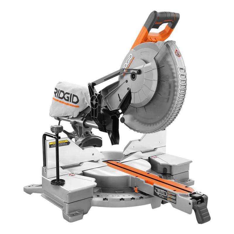 Sierra ingletadora deslizante de doble bisel RIDGID de 15 amperios y 12 pulgadas con capacidad de inglete de 70 grados e indicador de línea de corte LED - R4222