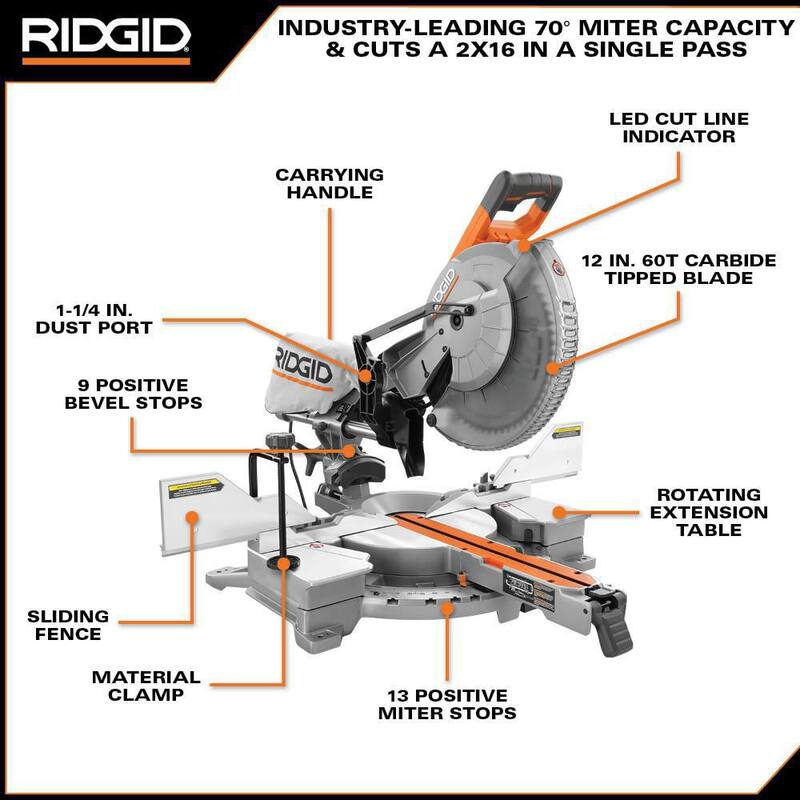 Sierra ingletadora deslizante de doble bisel RIDGID de 15 amperios y 12 pulgadas con capacidad de inglete de 70 grados e indicador de línea de corte LED - R4222
