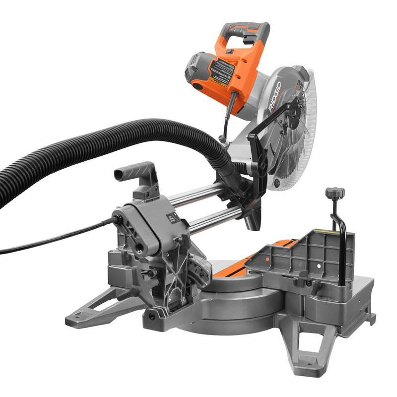 Sierra ingletadora deslizante de doble bisel RIDGID de 15 amperios y 12 pulgadas con capacidad de inglete de 70 grados e indicador de línea de corte LED - R4222
