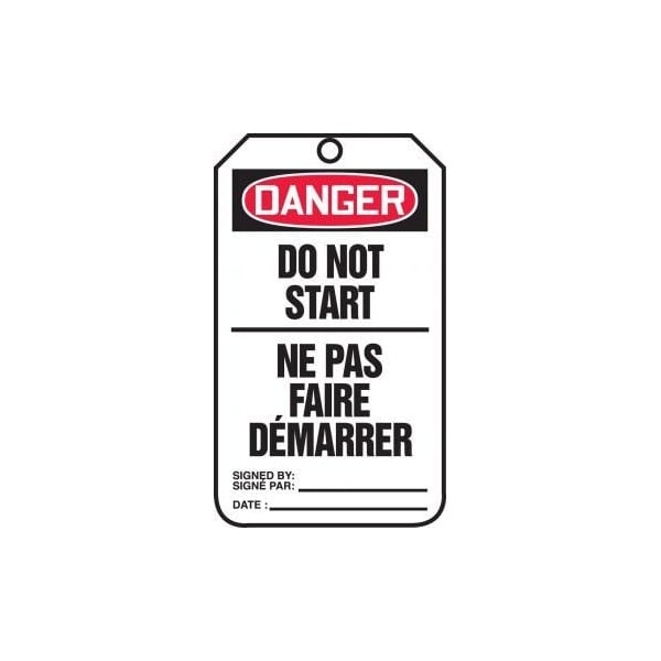 Accuform French Bilingual Safety Tags, DANGER DO NOT START, 5.75in x 3.25in, RP-Plastic, 5PK - TCF129PTM