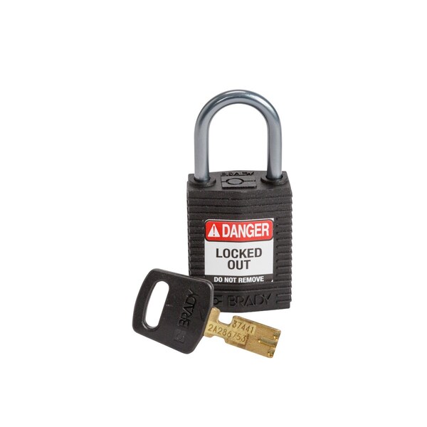 Brady Compact SafeKey Key Retaining Nylon Padlock 1 in Aluminum Shackle KD Black 1PK - CPT-BLK-25AL-KD