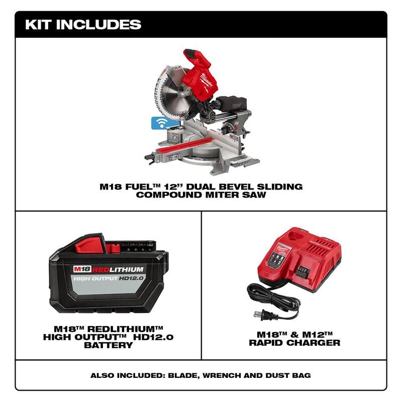 Sierra ingleteadora compuesta deslizante de doble bisel Milwaukee M18 FUEL 18V de 12 pulgadas con batería y soporte - 2739-21HD-48-08-0551