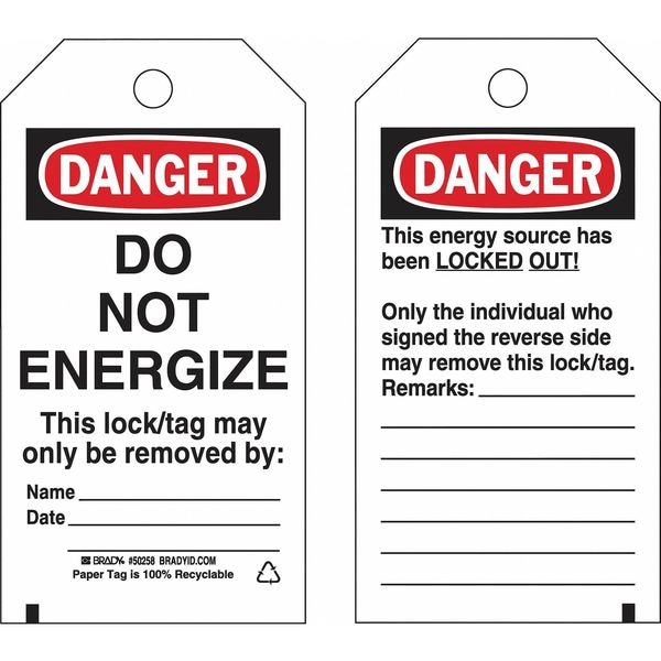 Brady Lockout Tag, Danger, Polyester, 3 in Width, 5 3/4 in Height, Write On Surface: Yes , 25 PK - 133564