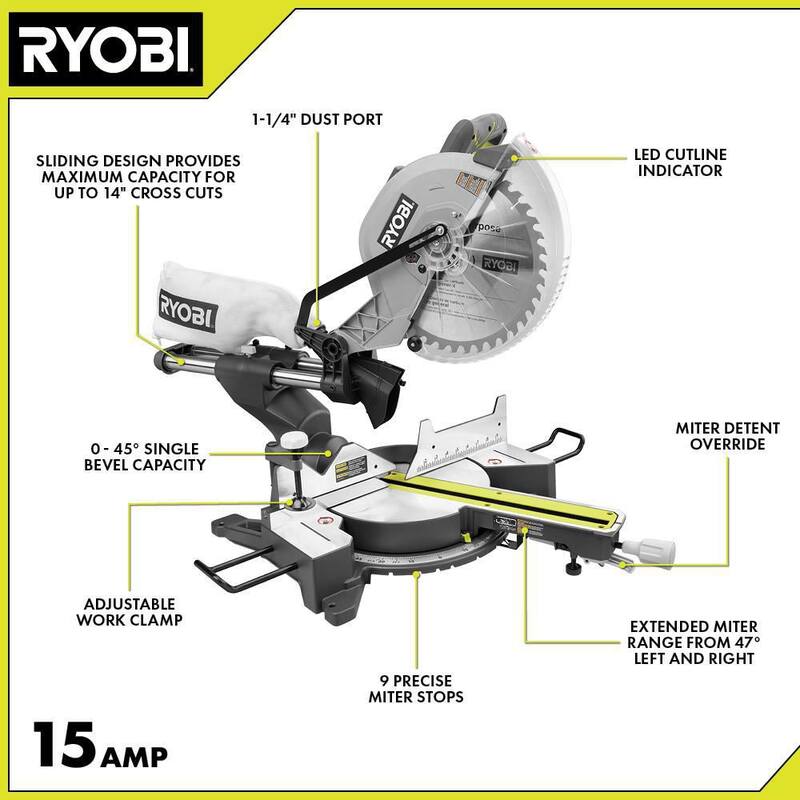 RYOBI 15 Amperios 12 pulgadas Sierra ingletadora compuesta deslizante con cable y indicador de corte con LED - TSS121