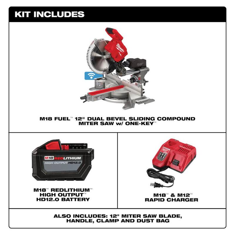 Sierra ingleteadora compuesta deslizante de doble bisel Milwaukee M18 FUEL de 18V de 12 pulgadas con motor sin escobillas de iones de litio y kit con una batería de 12.0 Ah - 2739-21HD