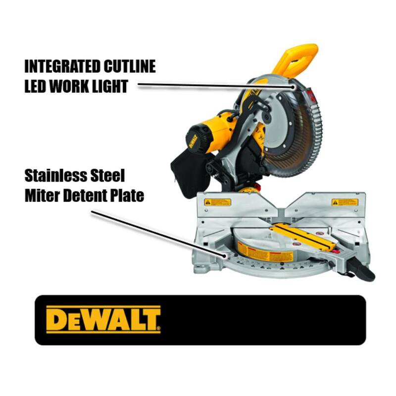 Si la marca del producto no se traduce, el título sería: DEWALT 15 Amp Alámbrico 12 pulgadas Sierra Inglete Compuesta de Doble Bisel con LED de Línea de Corte - DWS716XPS