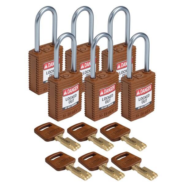 Brady Compact SafeKey Key Retaining Nylon Padlock 1.5 in Aluminum Shackle KD Brown 6PK - CPT-BRN-38AL-KD6PK