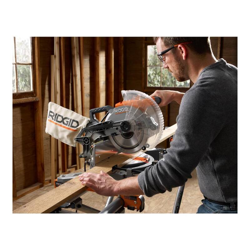 Sierra ingletadora de doble bisel RIDGID de 15 amperios y 10 pulgadas con indicador de línea de corte LED y base móvil universal para sierra ingletadora -R4113-AC9946