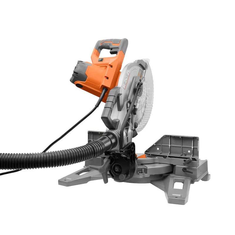 Sierra ingletadora de doble bisel RIDGID de 15 amperios y 10 pulgadas con indicador de línea de corte LED y base móvil universal para sierra ingletadora -R4113-AC9946