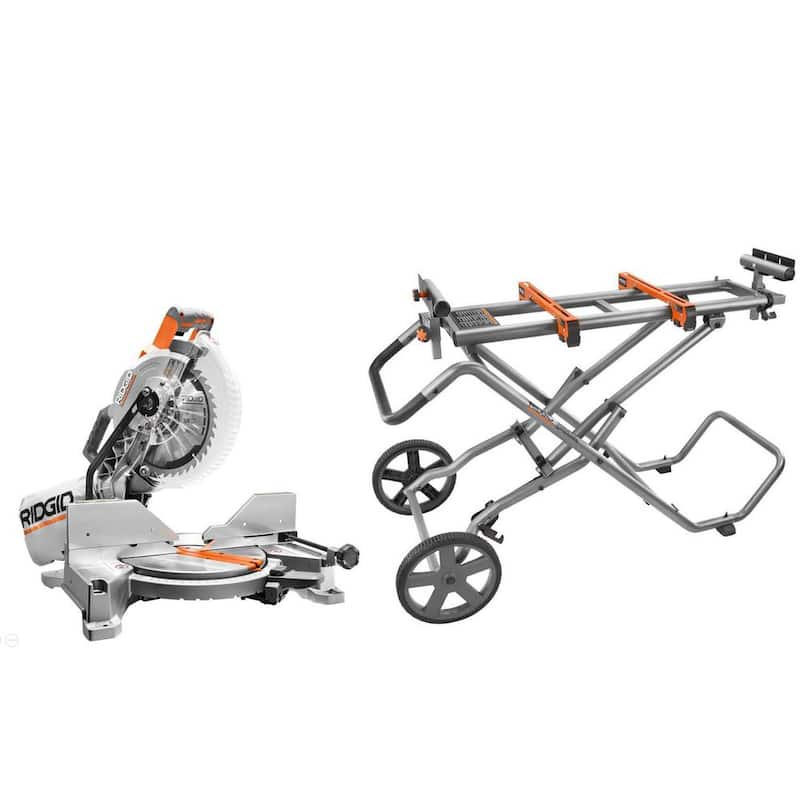 Sierra ingletadora de doble bisel RIDGID de 15 amperios y 10 pulgadas con indicador de línea de corte LED y base móvil universal para sierra ingletadora -R4113-AC9946