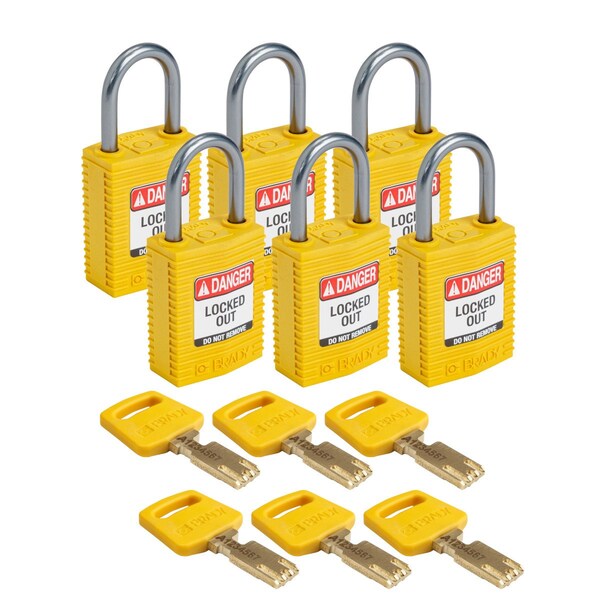 Brady Compact SafeKey Key Retaining Nylon Padlock 1 in Aluminum Shackle KD Yellow 6PK - CPT-YLW-25AL-KD6PK