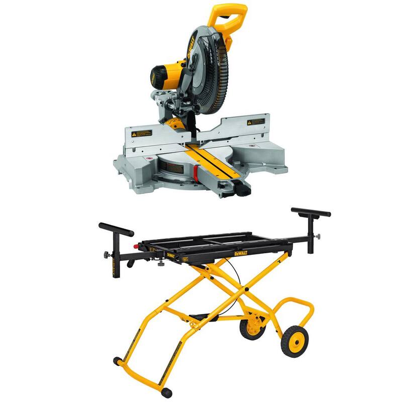 Sierra ingleteadora compuesta de doble bisel deslizante con cable de 15 amperes y 12 pulgadas, y base de rodillo para sierra ingleteadora de 32-1/2 pulgadas x 60 pulgadas - DWS779WDWX726
