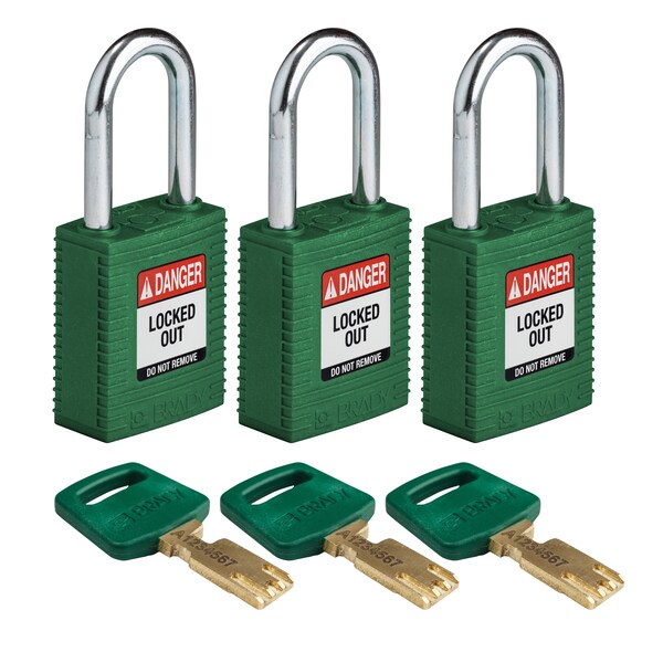 Brady Safekey Lockout Padlock Nylon Green 1.5" St - NYL-GRN-38ST-KA3PK