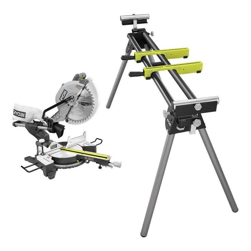 Sierra ingleteadora compuesta deslizante con cable de 12 pulgadas y 15 amperios de RYOBI con indicador de línea de corte LED y base UNIVERSAL QUICKSTAND - TSS121-A18MS01G.